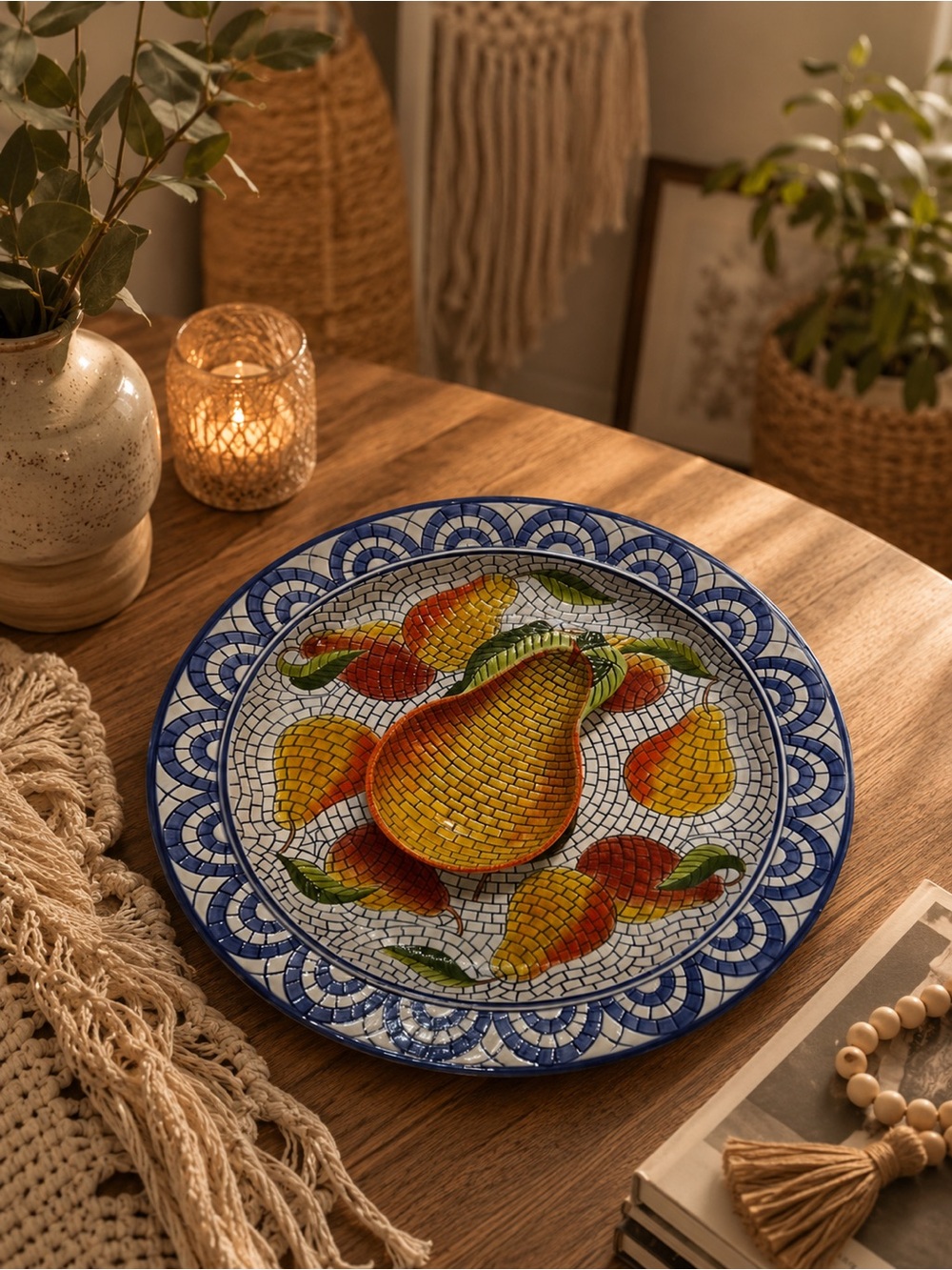 Vintage Clay Art Mosaic Pear Chip And Dip 2 Piece Set NEW In Box Hand Painted
